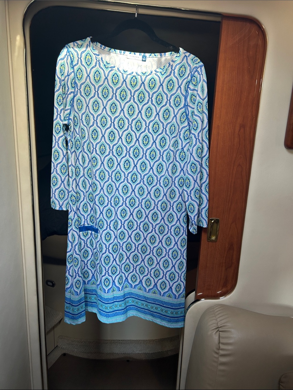 Cabana Life Blue and Green Geometric Long-Sleeve Shift Dress